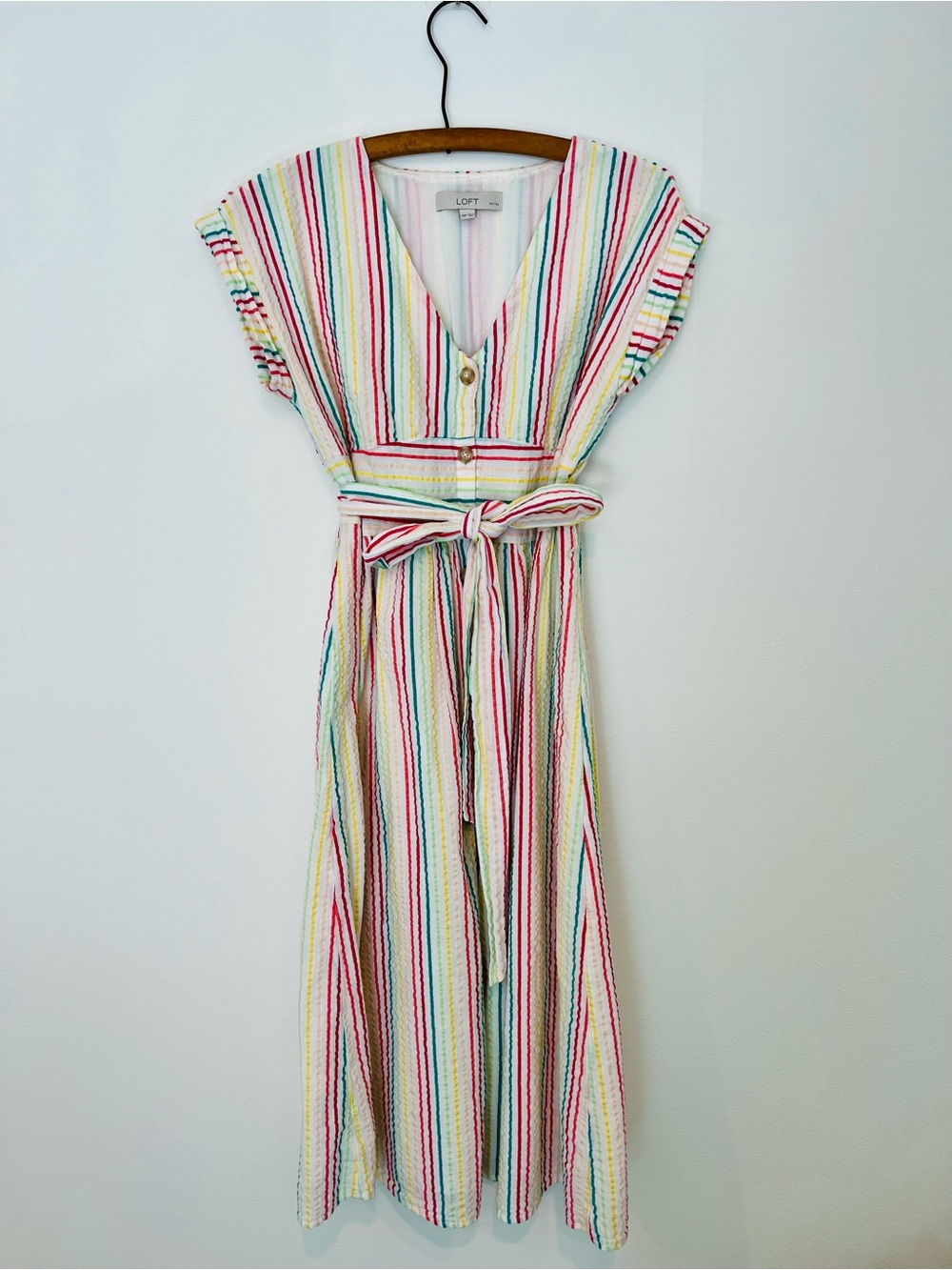 LOFT Striped Cotton Seersucker Tie-Waist Midi Dress 00P